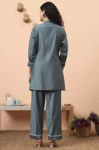 blue silk blend thared work co-ord set
