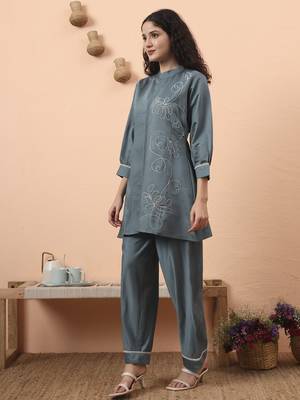 blue silk blend thared work co-ord set 5