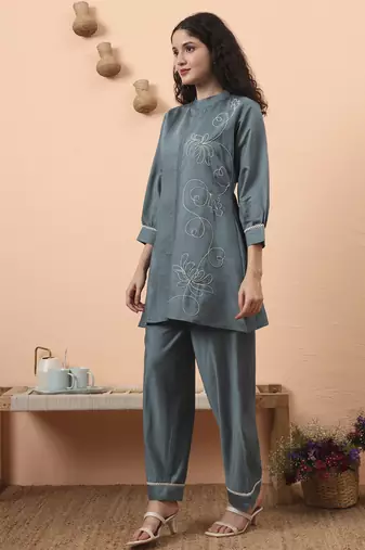 blue silk blend thared work co-ord set