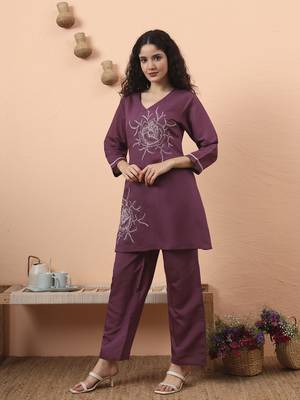 purple silk blend thared work co-ord set 2