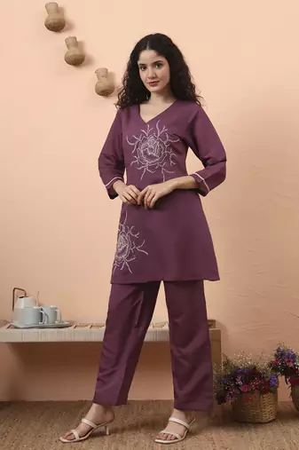 purple silk blend thared work co-ord set