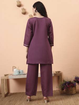 purple silk blend thared work co-ord set 3