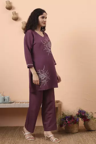 purple silk blend thared work co-ord set