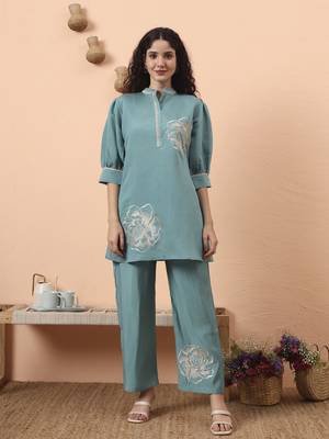 blue silk blend mandarin collar thared work co-ord set 1