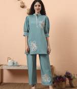 blue silk blend mandarin collar thared work co-ord set