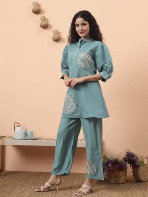 blue silk blend mandarin collar thared work co-ord set 2