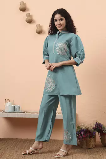 blue silk blend mandarin collar thared work co-ord set