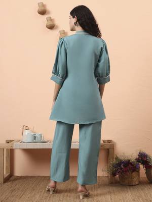 blue silk blend mandarin collar thared work co-ord set 3
