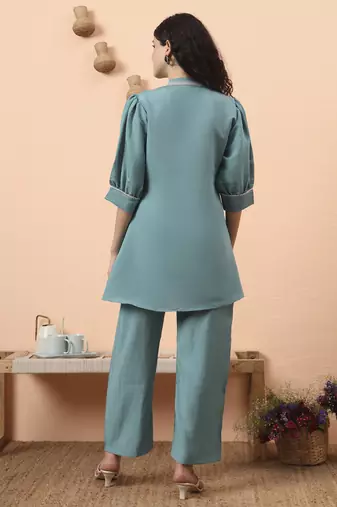 blue silk blend mandarin collar thared work co-ord set