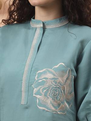 blue silk blend mandarin collar thared work co-ord set 4