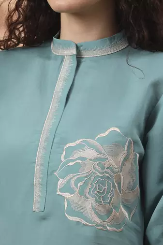 blue silk blend mandarin collar thared work co-ord set