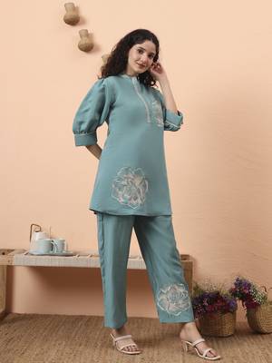 blue silk blend mandarin collar thared work co-ord set 5