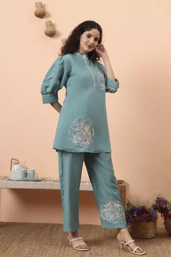 blue silk blend mandarin collar thared work co-ord set