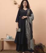 navy blue silk blend piping design anarkali kurta dupatta palazzo set