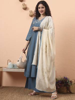 blue silk blend piping design anarkali kurta dupatta palazzo set 1