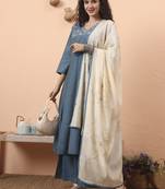 blue silk blend piping design anarkali kurta dupatta palazzo set