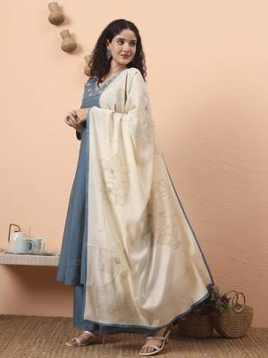 blue silk blend piping design anarkali kurta dupatta palazzo set 2