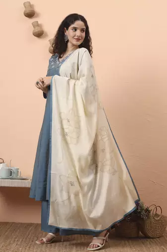 blue silk blend piping design anarkali kurta dupatta palazzo set