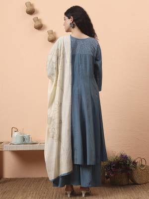 blue silk blend piping design anarkali kurta dupatta palazzo set 3