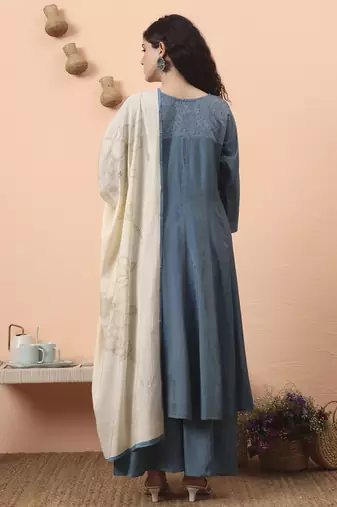 blue silk blend piping design anarkali kurta dupatta palazzo set