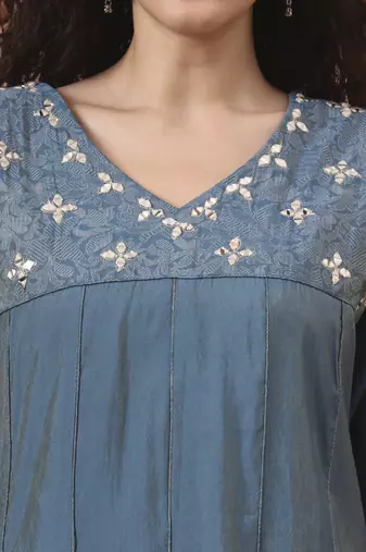blue silk blend piping design anarkali kurta dupatta palazzo set