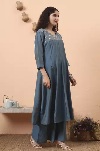 blue silk blend piping design anarkali kurta dupatta palazzo set