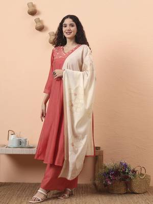 peach silk blend piping design anarkali kurta dupatta palazzo set 1