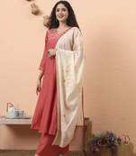 peach silk blend piping design anarkali kurta dupatta palazzo set