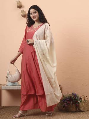 peach silk blend piping design anarkali kurta dupatta palazzo set 2
