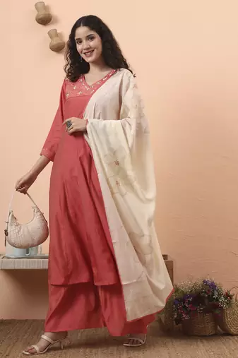 peach silk blend piping design anarkali kurta dupatta palazzo set