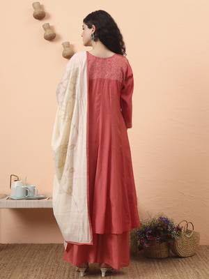 peach silk blend piping design anarkali kurta dupatta palazzo set 3
