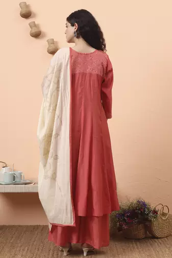peach silk blend piping design anarkali kurta dupatta palazzo set