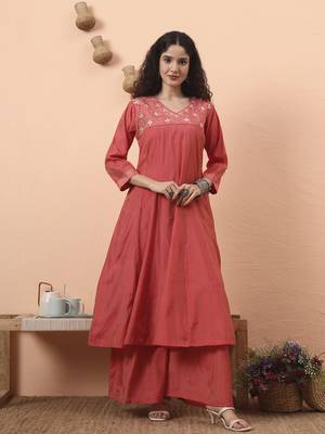 peach silk blend piping design anarkali kurta dupatta palazzo set 5