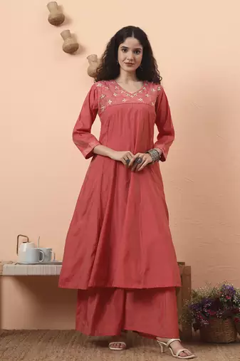 peach silk blend piping design anarkali kurta dupatta palazzo set