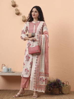 cream pure cotton kantha work kurta dupatta pant set 1