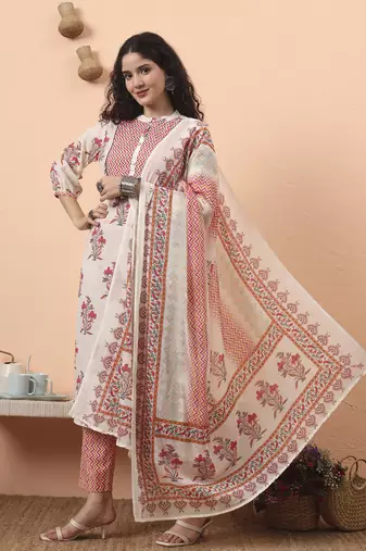 cream pure cotton kantha work kurta dupatta pant set