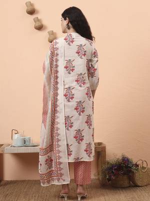 cream pure cotton kantha work kurta dupatta pant set 3