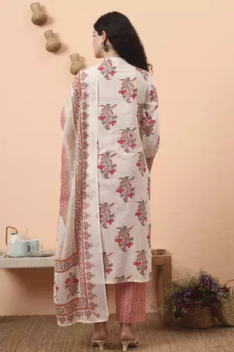 cream pure cotton kantha work kurta dupatta pant set