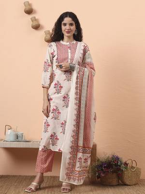 cream pure cotton kantha work kurta dupatta pant set 5