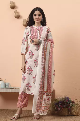 cream pure cotton kantha work kurta dupatta pant set