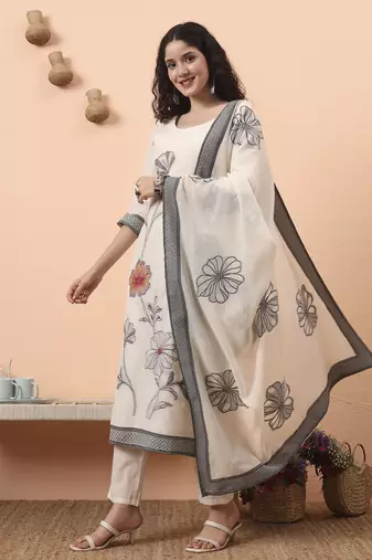 off-white handloom cotton weaved  kurta dupatta pant set with cotton mal lining