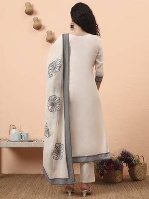 off-white handloom cotton weaved  kurta dupatta pant set with cotton mal lining 3