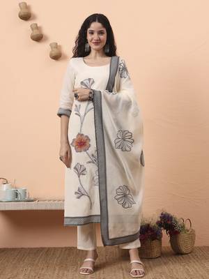 off-white handloom cotton weaved  kurta dupatta pant set with cotton mal lining 5
