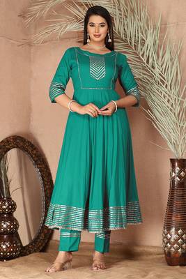 Sea green gotta patti rayon stitched anarkali pant suit set 2