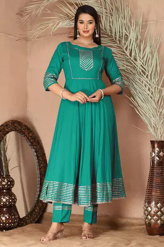 Sea green gotta patti rayon stitched anarkali pant suit set