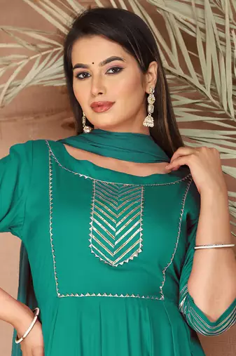 Sea green gotta patti rayon stitched anarkali pant suit set