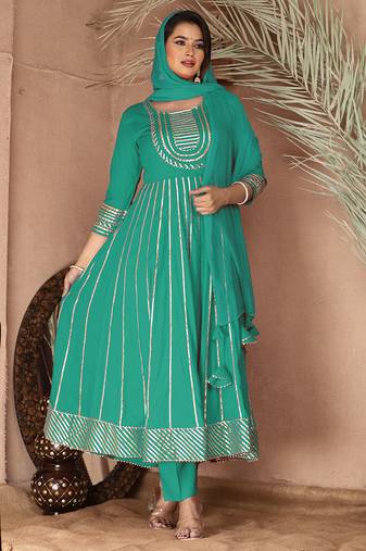 Sea green gotta patti rayon stitched anarkali pant suit set