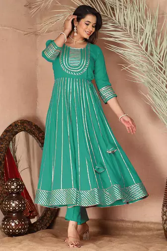 Sea green gotta patti rayon stitched anarkali pant suit set