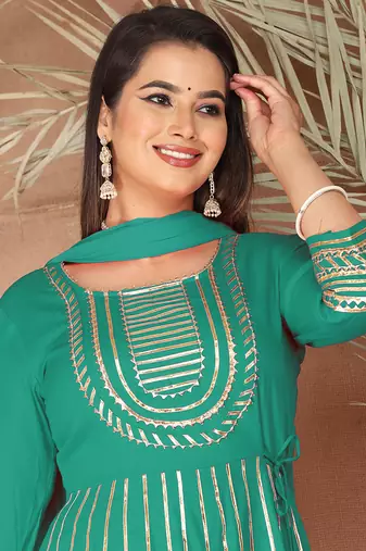 Sea green gotta patti rayon stitched anarkali pant suit set