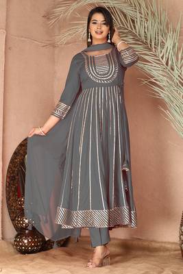 Grey gotta patti rayon stitched anarkali pant suit set 1